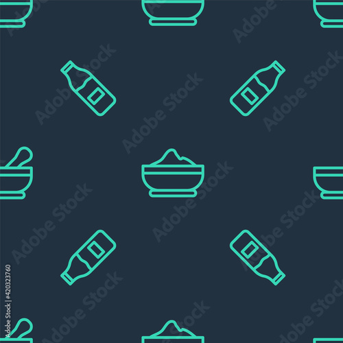Set line Flour bowl, Bottle with milk and Mortar and pestle on seamless pattern. Vector