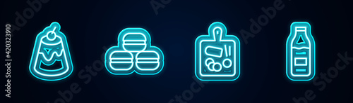 Set line Pudding custard, Macaron cookie, Cutting board and Bottle with milk. Glowing neon icon. Vector