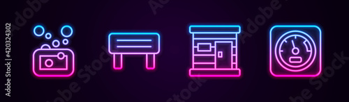 Set line Bar of soap, Sauna wood bench, wooden bathhouse and thermometer. Glowing neon icon. Vector