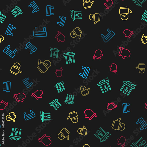 Set line Sauna wood bench, Aroma candle, Kettle with handle and mittens on seamless pattern. Vector