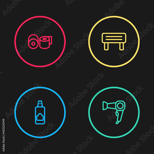 Set line Spray can for hairspray, Hair dryer, Sauna wood bench and Toilet paper roll icon. Vector