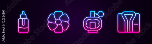 Set line Essential oil bottle, Flower, Aftershave and Bathrobe. Glowing neon icon. Vector