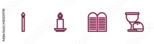 Set line Burning candle, The commandments, and Holy grail or chalice icon. Vector