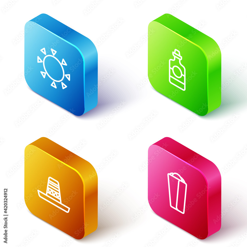 Set Isometric line Sun, Tequila bottle, Mexican sombrero and Burrito icon. Vector