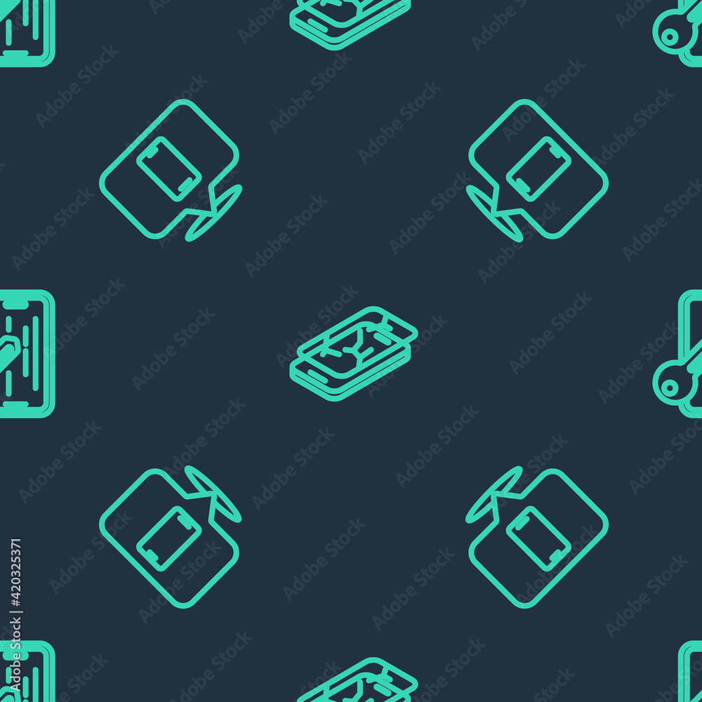 Set line Mobile with broken screen, Phone repair service and Glass protector on seamless pattern. Vector