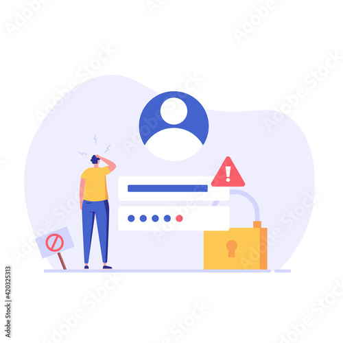 Man forgot the password. Concept of forgotten password, key, account access, blocked access. Vector illustration in flat design for web page, landing, web banner