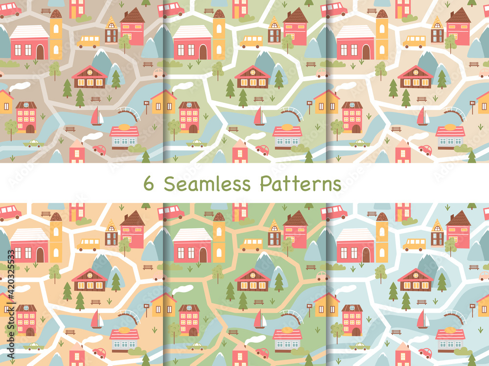 Cute houses seamless pattern set, cartoon old colorful architecture in scandinavian style