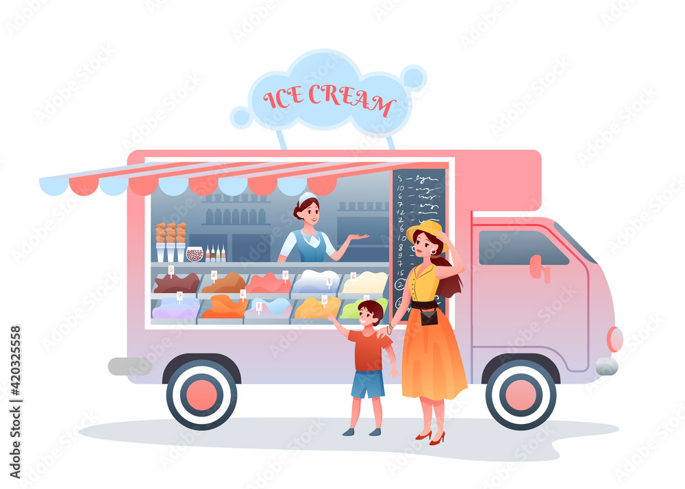 Ice cream street market food truck, mother buying child ice cream in kiosk marketplace Ice cream street market food truck, mother buying child ice cream in kiosk marketplace