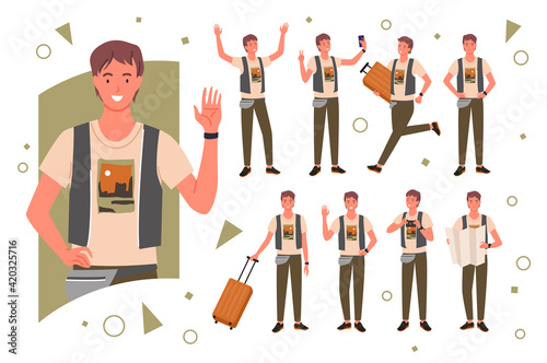 Tourist traveler pose set, happy young male portrait, man traveling and waving hand