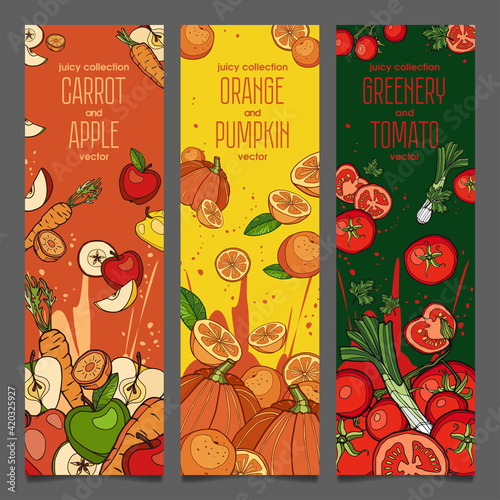 Collection of vertical banners with fruits and vegetables for web, advertising and print. Fruit background. Healthy eating.
