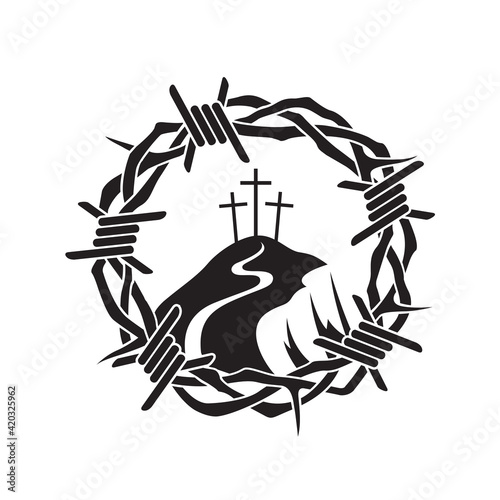 jesus thorn crown and golgotha with barbed wire isolated on white background