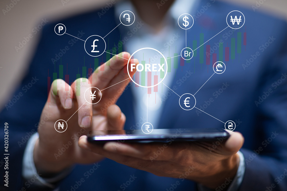 Financial trader hand phone . Forex concept Financial trader hand phone . Forex concept
