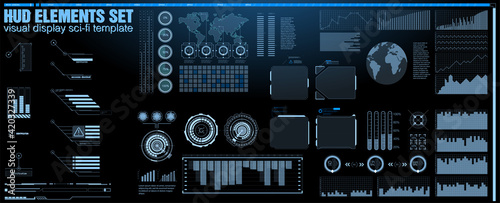 Futuristic Vector HUD Interface Screen Design. Digital callouts titles. HUD UI GUI futuristic user interface screen elements set. High tech screen for video game. Sci-fi concept design.