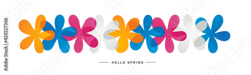 Hello Spring summer abstract decoration with colorful flowers on white isolated background banner pattern