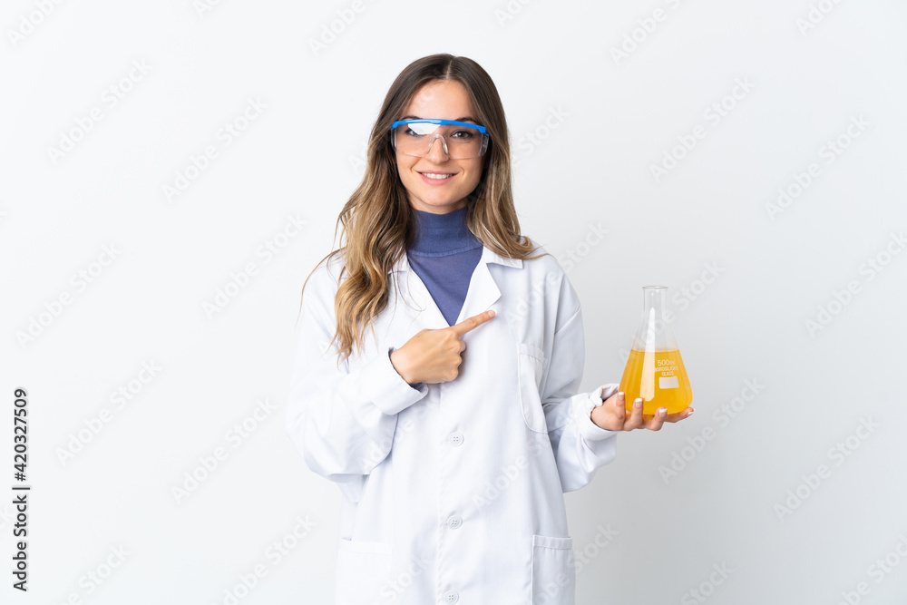 Young Romanian scientific woman isolated on white background pointing to the side to present a product