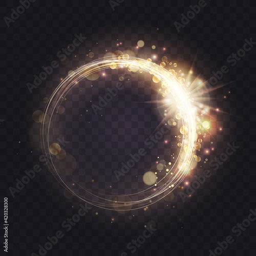 Gold luminous spark ring, abstract light frame effect vector illustration. Magic glowing round swirl lines with sparkling glitter particles, yellow flare lens shimmer on transparent dark background