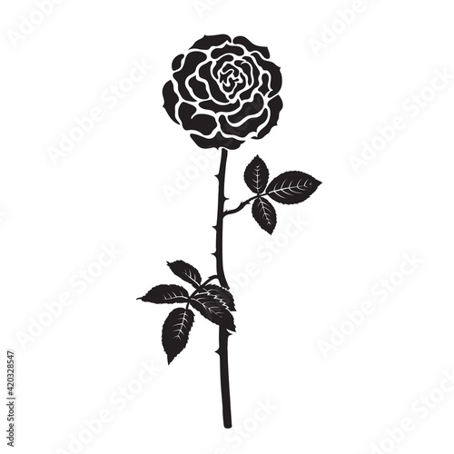 Black silhouette of rose flower with leaves and stem isolated on white background. Vector illustration.
