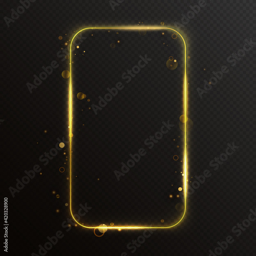 Gold glowing rectangular smartphone looking frame, light effect vector illustration. Luxury luminous golden frame lines with flying abstract sparkling flash, glares particles on transparent background