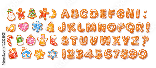 Christmas and New Year gingerbread alphabet and traditional holiday cookies letters and numbers. Cartoon hand drawn vector illustration isolated on white background.