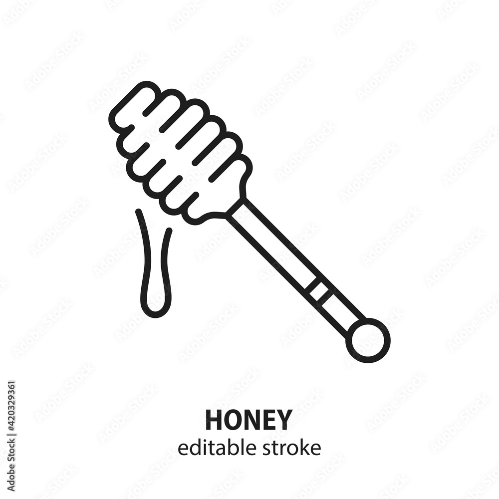 Honey dipper with drop vector icon. Symbol of beekeeping. Editable stroke. Honey dipper with drop vector icon. Symbol of beekeeping. Editable stroke.
