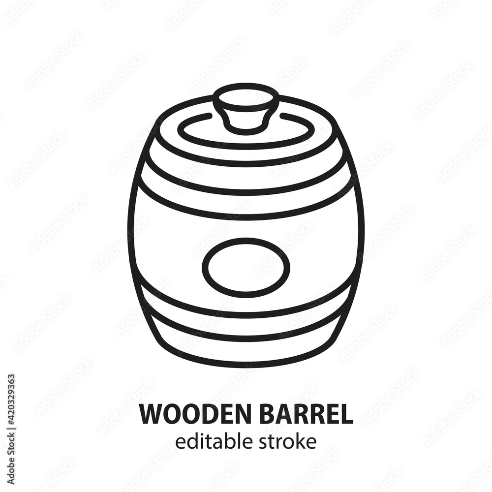 Wooden barrel icon. Vector illustration of barrel with honey. Editable stroke.
