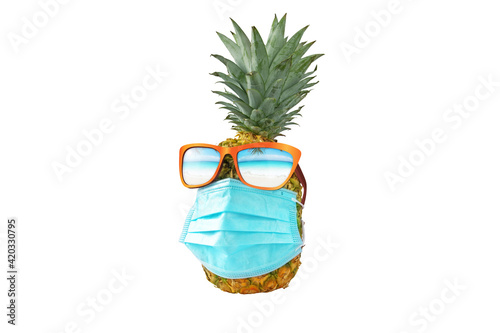 Pineapple wearing protection mask and sunglasses with reflected torpical beach 3D illustration. photo
