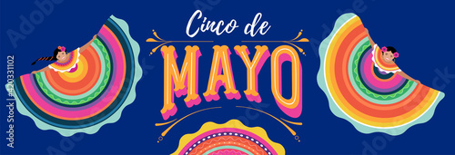 Cinco de Mayo - May 5, federal holiday in Mexico. Fiesta banner and poster design with flags, flowers, decorations