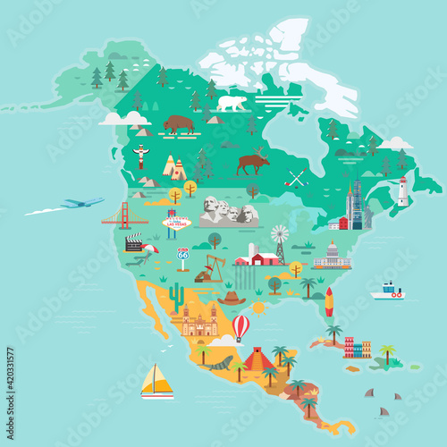 North America Map. Tourist and travel landmarks