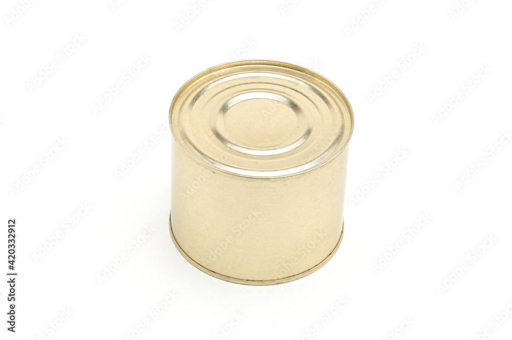Metal tin can with meat on a white background Metal tin can with meat on a white background