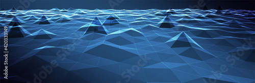 Abstract Blue Background. Dark low poly triangle pattern. Virtual computer Landscape. Technology style. Sci-fi surface. Banner or presentation template. Vector illustration