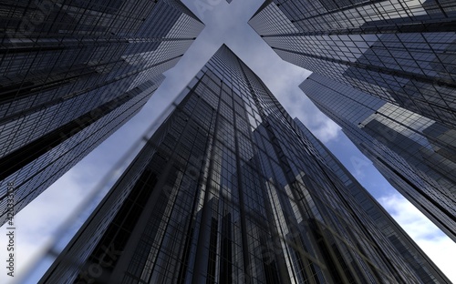 modern high-rise buildings against the sky. 3d illustration on the theme of business success and technology