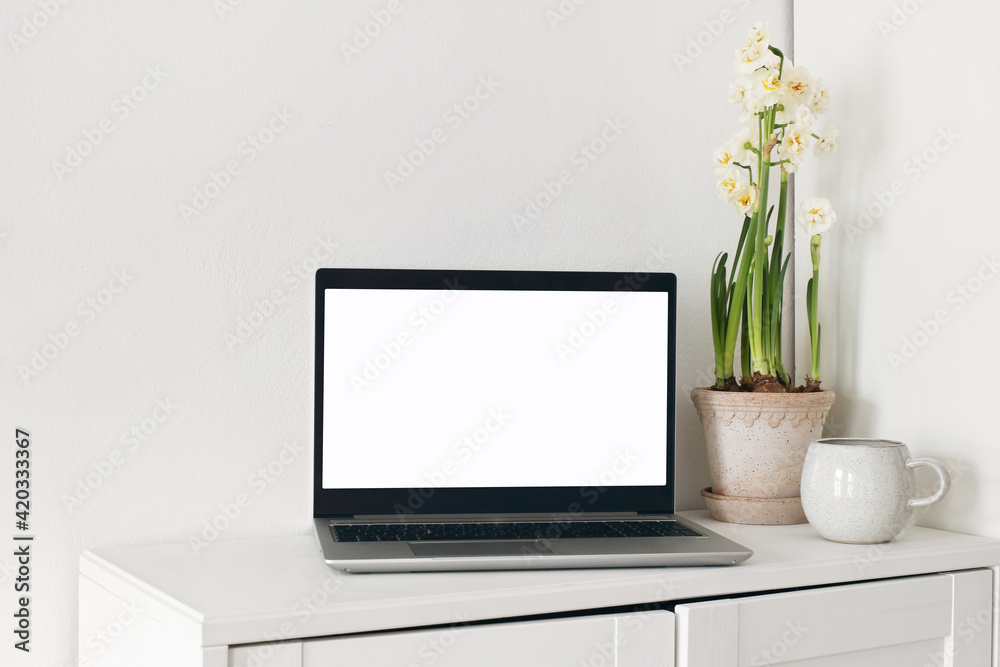 Spring home office still life composition. Laptop mockup, blank computer screen. Yellow daffodils in flower pot. Cup of coffee on wooden cupboard, table. White wall background. Scandinavian interior.