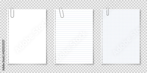 Realistic blank paper sheets in A4 format with metal clip, holder on transparent background. Notebook page, document. Design template or mockup. Vector illustration.