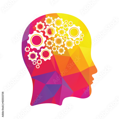 Technology Human Head Logo Icon Design. Digital woman head brain shape with gears idea concept innovation genius.