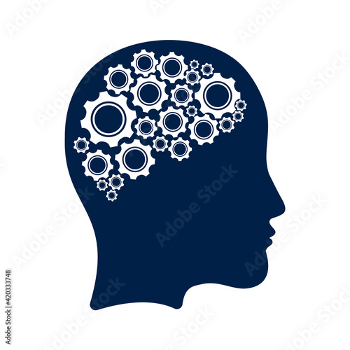 Technology Human Head Logo Icon Design. Digital woman head brain shape with gears idea concept innovation genius.