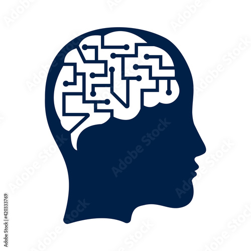 Human brain as digital circuit board. Artificial intelligence icon. Techno woman head logo concept creative idea.