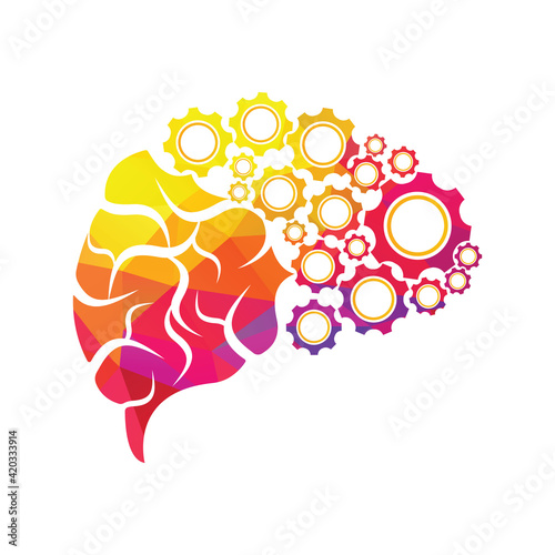Technical human gears brain vector design. Digital human brain shape with gears idea concept innovation genius.