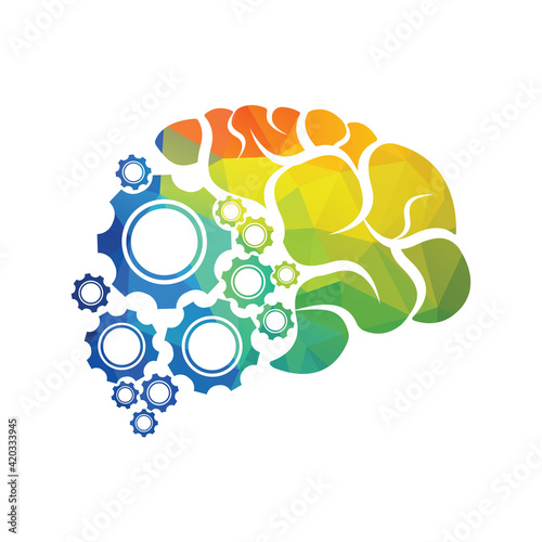 Technical human gears brain vector design. Digital human brain shape with gears idea concept innovation genius.