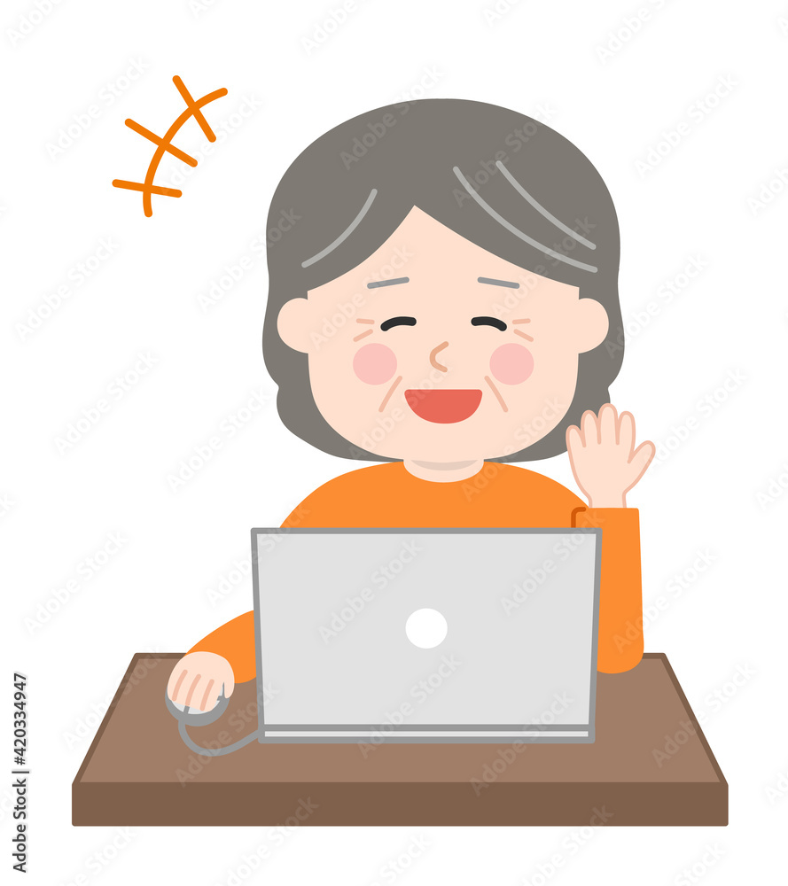 Laughing elderly woman looking at a laptop computer. Vector illustration isolated on white background. Laughing elderly woman looking at a laptop computer. Vector illustration isolated on white background.