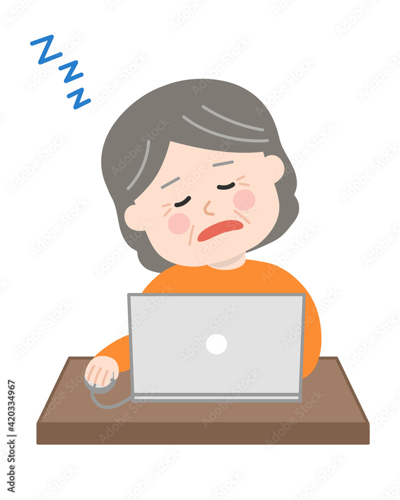 Elderly woman falling asleep while using a laptop computer. Vector illustration isolated on white background. Elderly woman falling asleep while using a laptop computer. Vector illustration isolated on white background.