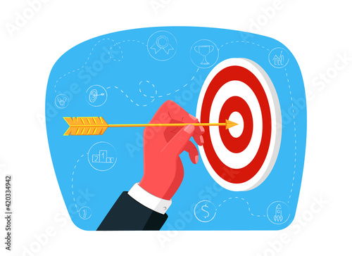 Vector cartoon flat illustration of metaphor with isolated arrow holding at target mark. Abstract linear business elements are depicted in background. Concept development, success, direction, victory.