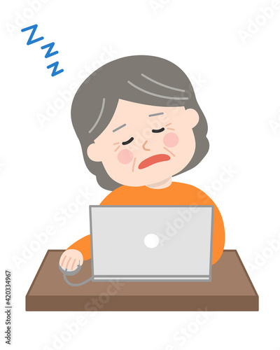 Elderly woman falling asleep while using a laptop computer. Vector illustration isolated on white background.