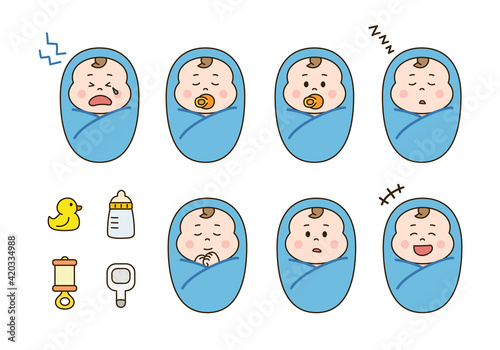 Set of newborn baby boys swaddled in a blanket with baby goods. Vector illustration isolated on white background.