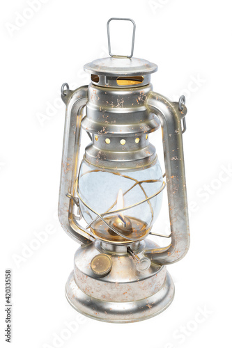 Old kerosene lamp with flame isolated on white background 3d