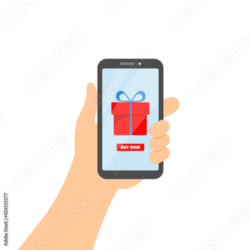 Phone in hand, red gift on sreen of smartphone. Online shopping. Choice of gift for holiday, buy now. Vector illustration isolated on white. Flat cartoon style