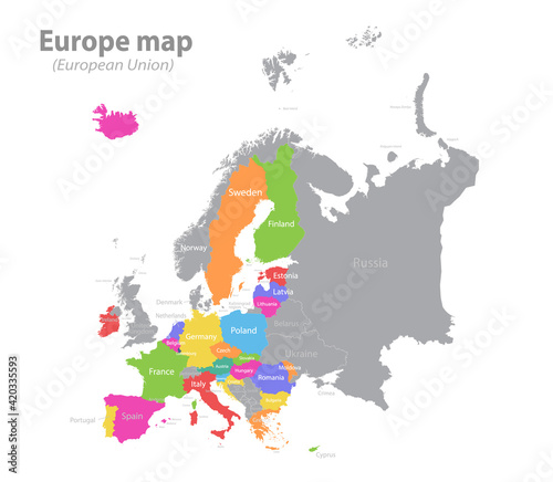 Europe map and European Union, separate individual states with names, color map isolated on white background vector