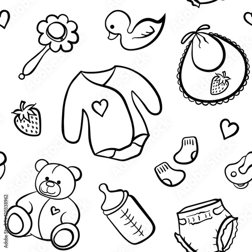 Wallpaper Mural Cartoon newborn baby clothes toys things monochrome black and white line art vector seamless pattern texture background Torontodigital.ca