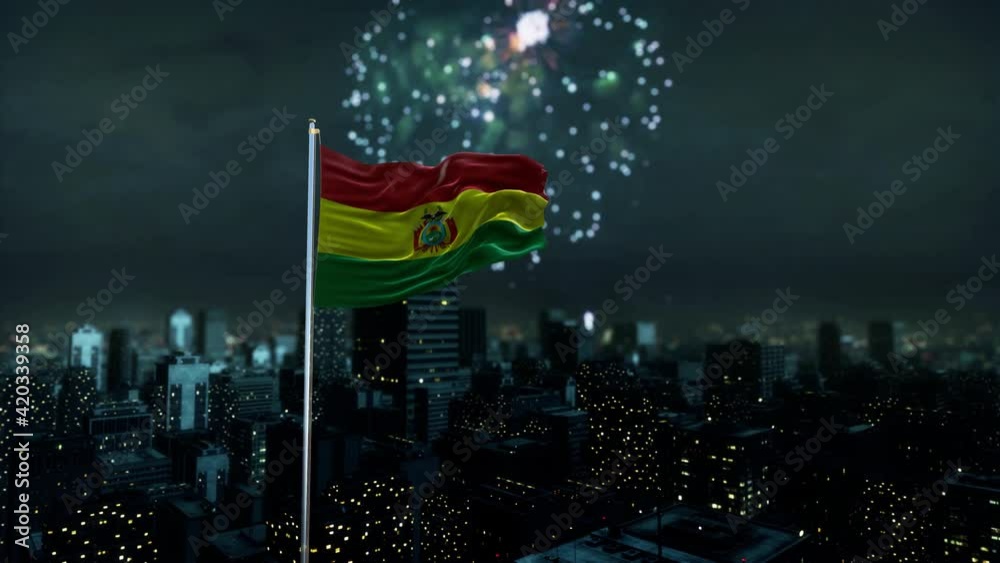 Bolivia Flag With Fireworks And City 3D Rendering
