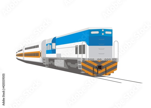 Diesel locomotive pulling double decker passenger train. Simple flat illustration in perspective view.