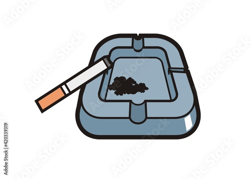 Cigarette and ashtray. Simple flat illustration with black outline.